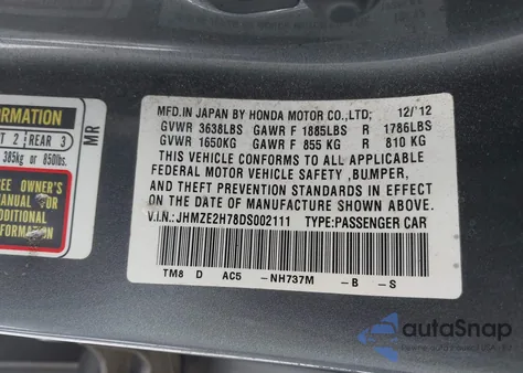 2013 Honda Insight Ex z USA, uszkodzony, nr VIN JHMZE2H78DS002111